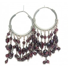 Bead Hoop Earrings Silver 925 Sterling Dangle Drop Women Garnet Gem Stone B592